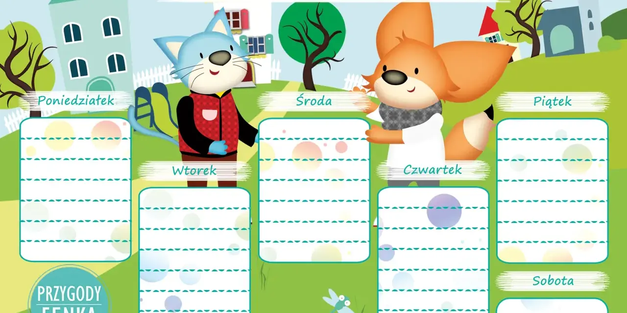 Plan dnia dla dziecka 10 lat z kotkiem i liskiem. Tygodniowy harmonogram z miejscem na wpisanie zadań na każdy dzień.