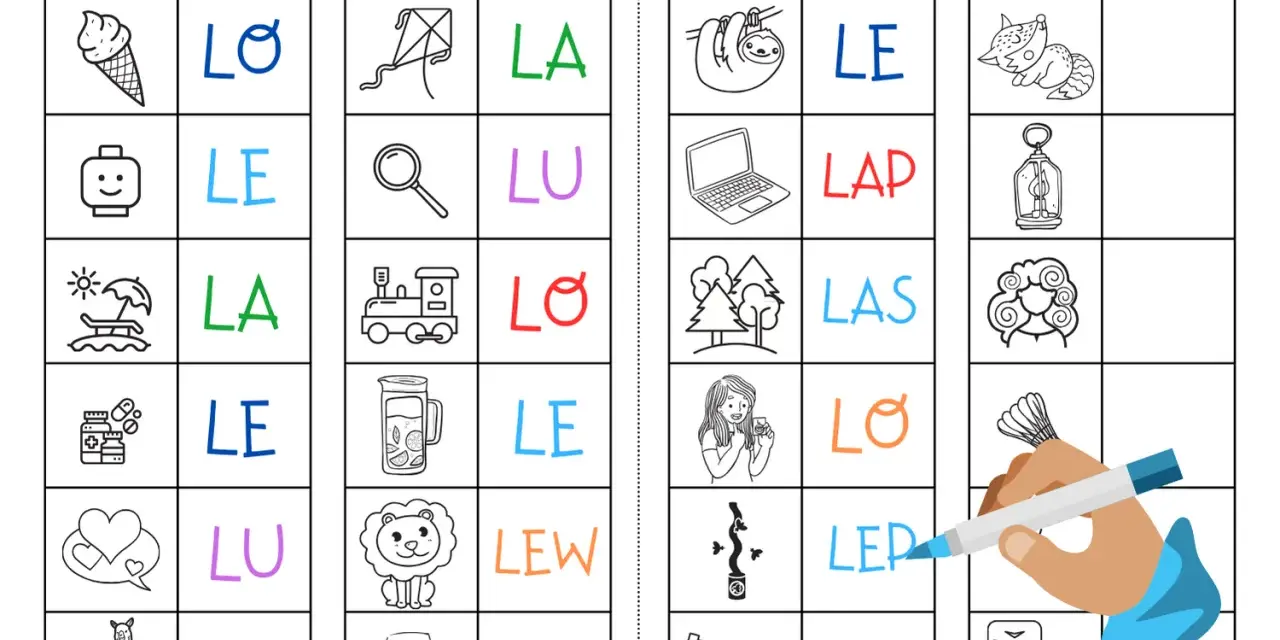 Ćwiczenie na wyrazy na ł dla dzieci. Tabela z obrazkami i sylabami do uzupełnienia, np. lalka, lew, łódka.