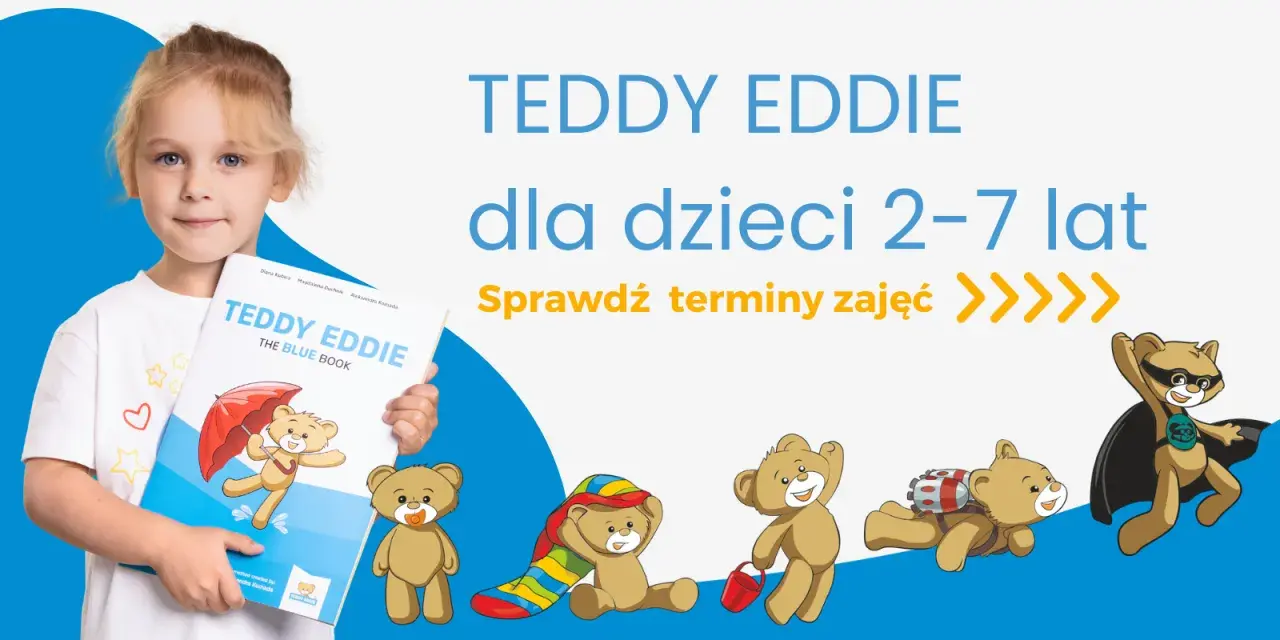 Dziewczynka z książką "Teddy Eddie" i pluszowe misie. Idealne dla angielskiego klasa 2.