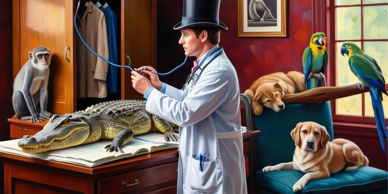 Doktor Dolittle i jego zwierzęta bohaterowie: doktor w cylindrze bada aligatora, podczas gdy małpa, dwa psy i papugi obserwują.