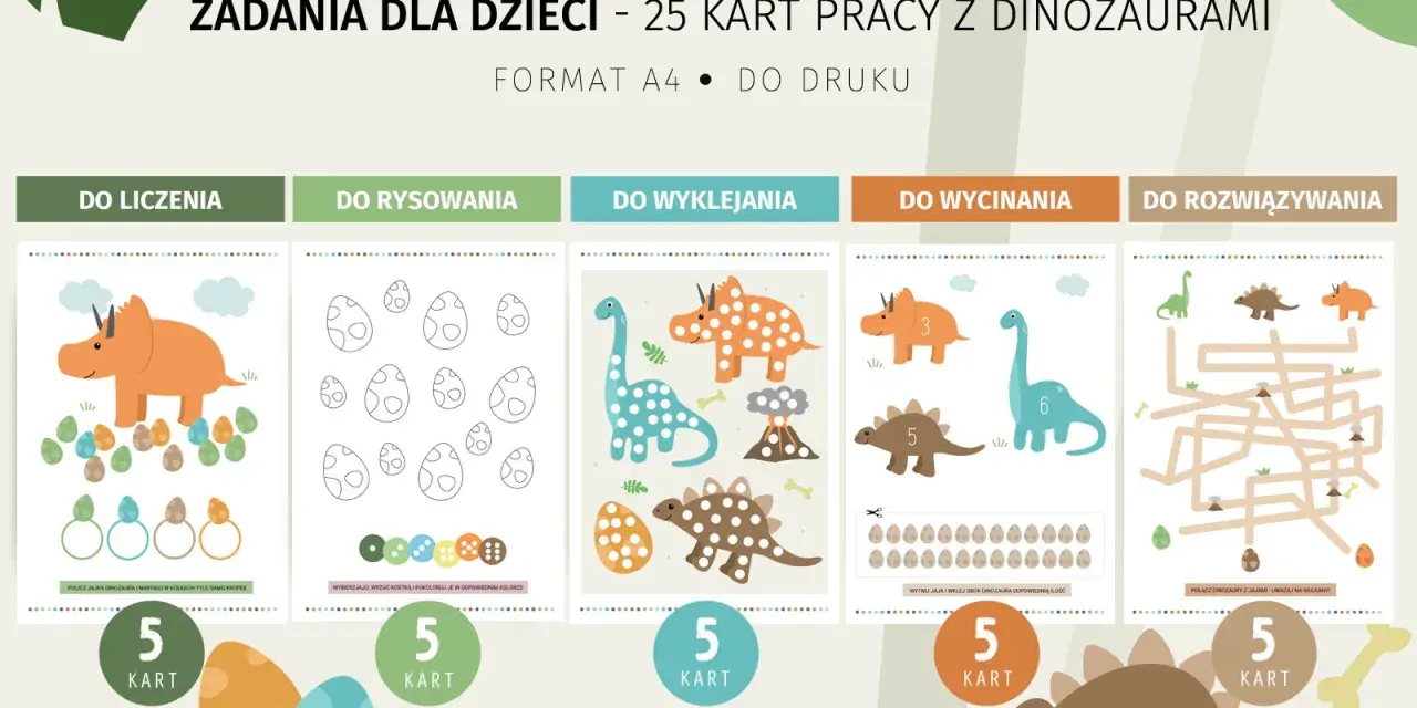 Kreatywne dinozaury karty pracy do druku: liczenie, rysowanie, wyklejanie, wycinanie i rozwiązywanie labiryntów.