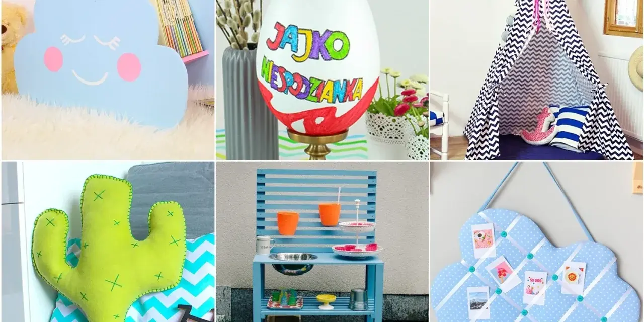 Kreatywne prezenty robione przez dzieci: chmurka-półka, pisanka, tipi, poduszka-kaktus, kuchnia z palet, chmurka-tablica.