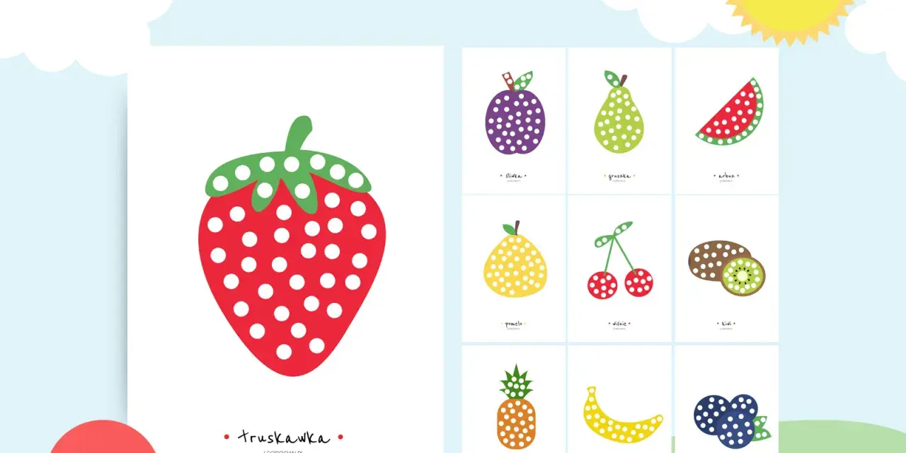 Zestaw kart pracy "Wyklejanki owoce" z kolorowymi ilustracjami: truskawka, śliwka, gruszka, arbuz, pomelo, wiśnie, kiwi, ananas, banan, borówki. Idealne do wyklejania plasteliną.