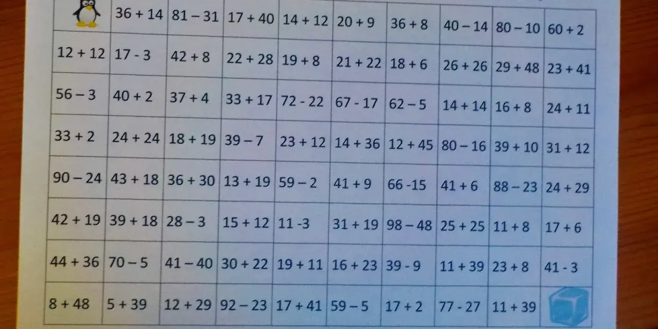 Zadania z dodawaniem i odejmowaniem w zakresie 50 do wydruku. Pomóż pingwinkowi znaleźć drogę do kostki lodu, rozwiązując przykłady.