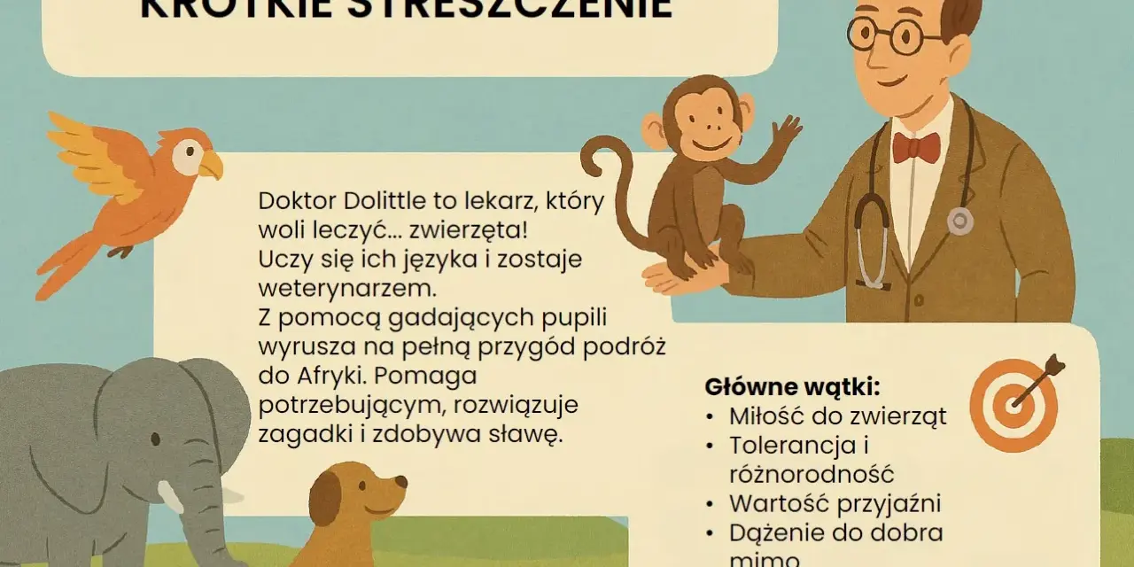 Doktor Dolittle, lekarz zwierząt, uczy się ich języka i wyrusza na przygody do Afryki z gadającymi pupilami. Streszczenie jego historii.