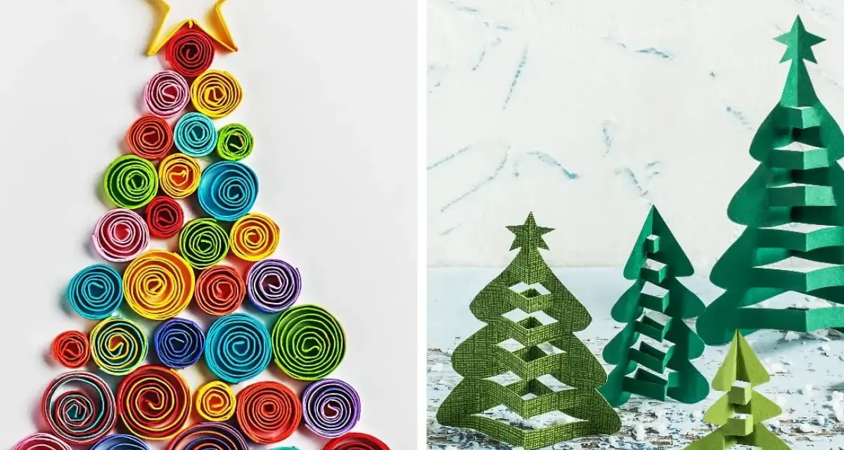 Kolorowa choinka praca plastyczna przestrzenna z papierowych spirali i zielone, wycinane choinki z papieru.