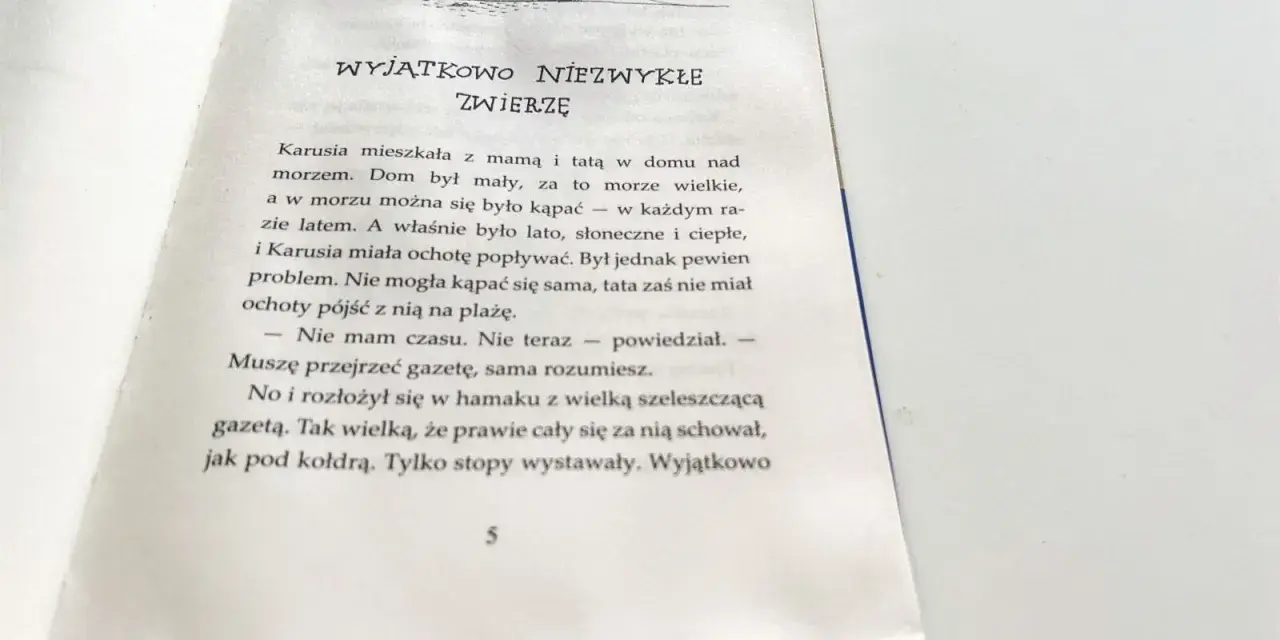 Piaskowy wilk bohaterowie: Karusia i tata nad morzem. Tata czyta gazetę, a Karusia chce popływać.