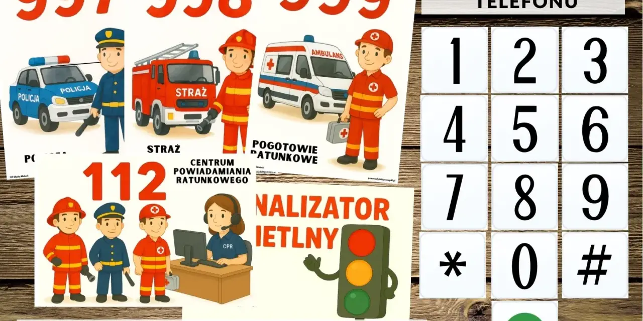 Plakat z numerami alarmowymi do druku: 997, 998, 999, 112. Grafiki przedstawiają policjanta, strażaka, ratownika medycznego i centrum powiadamiania ratunkowego.