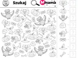 Zadania na Halloween: szukaj nietoperzy, sów, dyni, kotów, pająków, kapeluszy i kości.