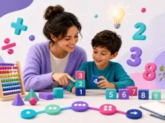 Mama i syn budują wieżę z klocków z cyframi, ucząc się, jak nauczyć dziecko matematyki. W tle liczby i symbole matematyczne.