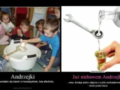 Dzieci bawią się w andrzejkowe wróżby z kluczem i jajkiem. Obok zdjęcie z butelki leje się alkohol przez klucz do kieliszka.