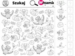 Zadania na Halloween: szukaj nietoperzy, sów, dyni, kotów, pająków, kapeluszy i kości.
