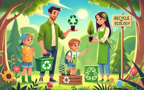 Rodzina sadzi drzewka, ucząc dzieci ekologii i recyklingu. Wszyscy w zielonych ubraniach, otoczeni naturą i symbolami recyklingu.