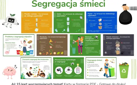 Segregacja śmieci dla dzieci do druku: ilustracje pokazują, co wrzucać do żółtego, zielonego, brązowego i niebieskiego pojemnika.