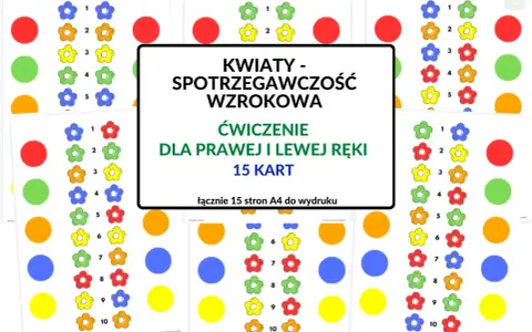 Kolorowe kwiatki i kropki do ćwiczeń na spostrzegawczość wzrokową. Materiały do druku dla dzieci.