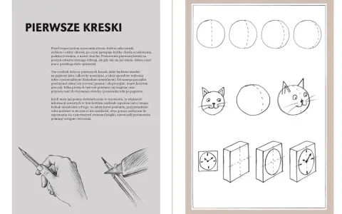 Ilustracje pokazują, jak nauczyć się rysować, od prostych kółek i kotków po zegary i bryły.