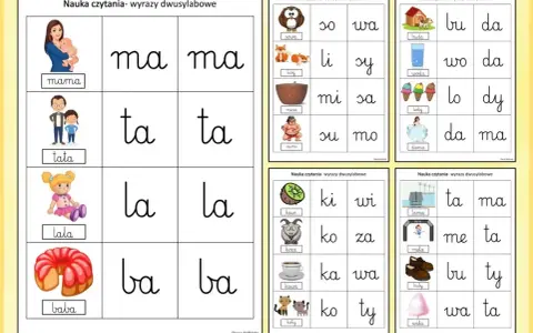 Łatwe ćwiczenia nauka czytania: mama, tata, lala, baba, sowa, lis, misa, sumo, buda, woda, lody, dama, kiwi, koza, kawa, koty, tama, meta, buty, wata.