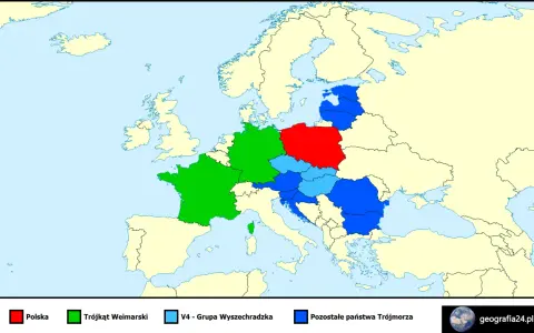 Mapa Europy z podziałem politycznym: Polska (czerwona), Trójkąt Weimarski (zielony), V4 (jasnoniebieski), pozostałe państwa Trójmorza (niebieski).