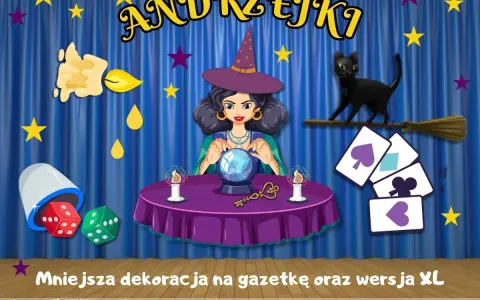 Kolorowa andrzejki dekoracja do przedszkola: wróżka z kulą, czarny kot na miotle, kostki i karty.