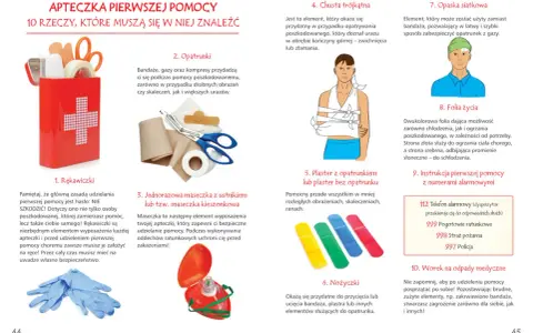 Apteczka pierwszej pomocy: rękawiczki, opatrunki, maseczka, chusta trójkątna, plastry, nożyczki, opaska, folia życia, instrukcja, worek na odpady. Materiały do udzielania pierwszej pomocy dzieciom.