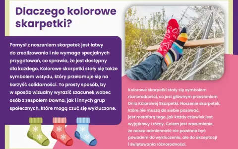 Nogi w kolorowych skarpetkach w hamaku. Obrazek promuje Dzień Kolorowej Skarpetki, symbol różnorodności i akceptacji.