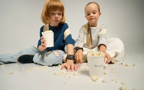 Dzieci siedzą na podłodze, jedząc popcorn z kubków. To idealny moment na wspólne oglądanie bajek, a kieszonkowe dla dziecka na przekąski zawsze się przyda.