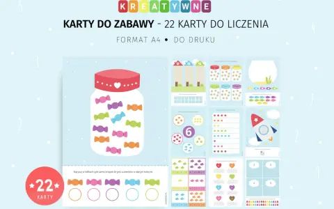 Kreatywne karty do zabawy: 22 karty do liczenia, format A4 do druku. Dzieci robią zakupy, licząc cukierki i rybki.