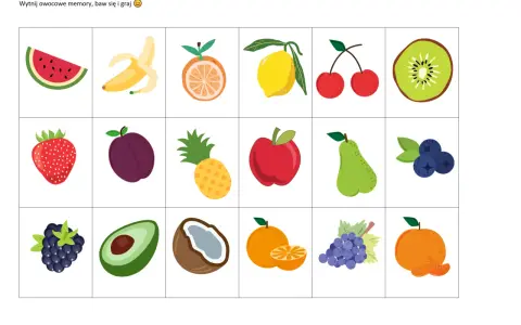 Kolorowe owoce karty pracy do druku: arbuz, banan, pomarańcza, cytryna, wiśnie, kiwi, truskawka, śliwka, ananas, jabłko, gruszka, borówki, jeżyna, awokado, kokos, mandarynka, winogrona.