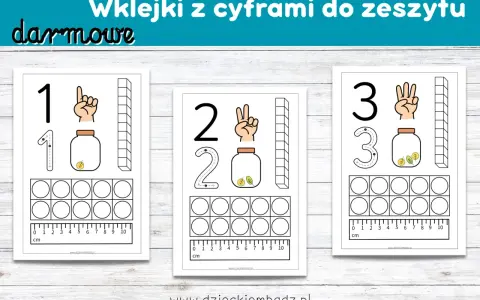Darmowe materiały do druku: matematyka dla dzieci. Wklejki z cyframi 1, 2, 3, pomagające w nauce liczenia i pisania cyfr.