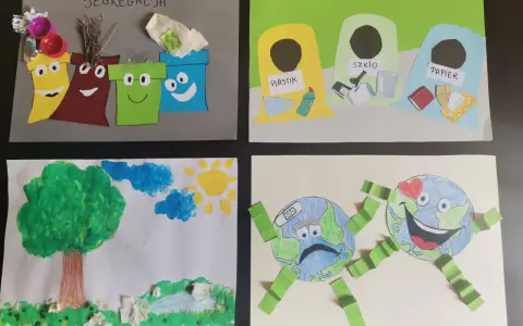 Prace plastyczne o segregacji śmieci: wesołe kosze, pojemniki na plastik, szkło, papier i Ziemia z bandażem.