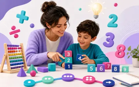 Mama i syn budują wieżę z klocków z cyframi, ucząc się, jak nauczyć dziecko matematyki. W tle liczby i symbole matematyczne.