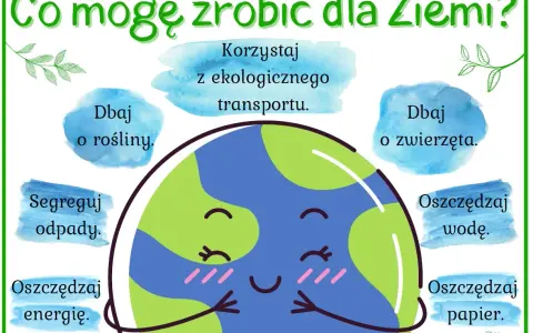 Uśmiechnięta Ziemia zachęca do ekologicznych działań: segreguj odpady, oszczędzaj wodę, energię i papier, dbaj o rośliny i zwierzęta. To nasz wspólny dzień Ziemi!