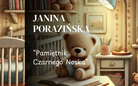Miś pisze w pamiętniku "Pamiętnik Czarnego Noska". W tle łóżeczko i półka z książkami.