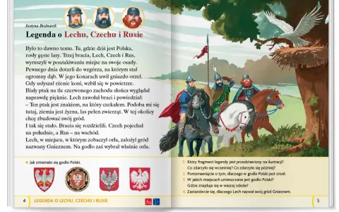Ilustracja do legendy o Lechu, Czechu i Rusie. Bracia na koniach widzą orła na dębie, symbolizującego początek Polski.