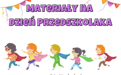 Superbohaterowie biegają, szukając pomysłów na Dzień Przedszkolaka. Kolorowe chorągiewki dodają radości.