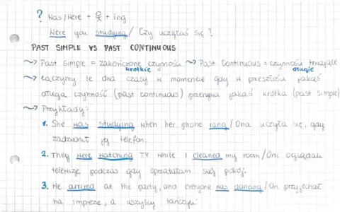 Notatki z angielskiego: Past Simple vs Past Continuous. Przykład: "She was studying when her phone rang" - ona uczyła się, gdy zadzwonił telefon.