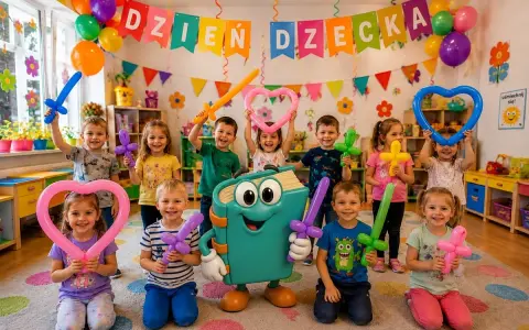 Radosne przedszkolaki świętują Dzień Dziecka z balonowymi mieczami i sercami. Wesołe atrakcje na dzień dziecka w przedszkolu!