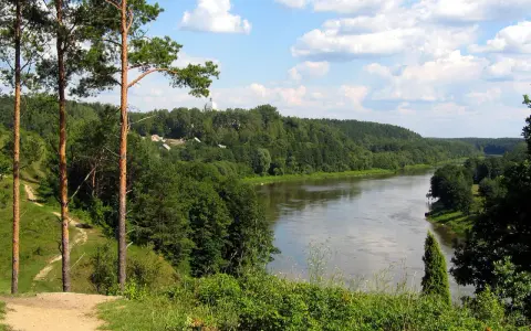 Malowniczy widok na rzekę Niemen, otoczoną lasami. W oddali widać kopułę kościoła, przykłady nazwy własne.