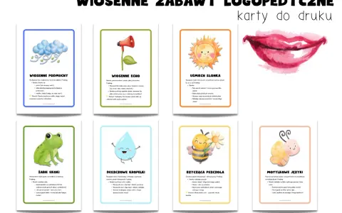 Zestaw kart do druku: wiosenne ćwiczenia logopedyczne dla 4 latka. Zabawy z żabką, pszczołą, motylem i innymi.