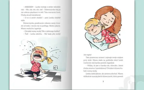 Mama uspokaja płaczącą Lenkę, która nie dostała różowego kubka. Pokazuje, jak uspokoić dziecko, gdy jest smutne i zawiedzione.