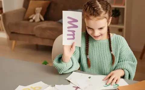 Dziewczynka uczy się literki "M". Na karcie widnieje duża i mała litera "m". To świetna zabawa z wyrazami na m dla dzieci.