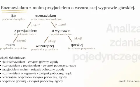 Analiza zdania pojedynczego: "Rozmawiałam z moim przyjacielem o wczorajszej wyprawie górskiej.