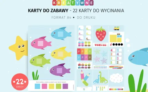 Kreatywne karty do zabawy, 22 karty do wycinania z rybkami, samochodami, dinozaurami i innymi elementami do druku.