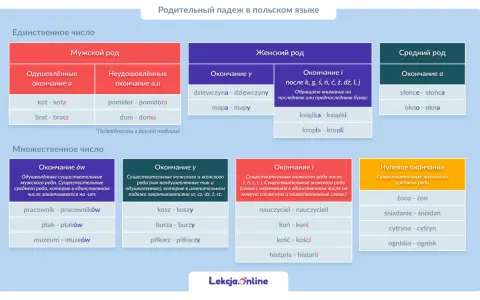 Tabela przedstawia liczbę pojedynczą i mnogą w języku polskim, z podziałem na rodzaje i odmiany.