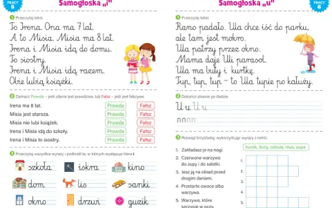 Karty pracy klasa 1: ćwiczenia z samogłoskami "i" i "u", czytanie, pisanie i rozwiązywanie krzyżówki.