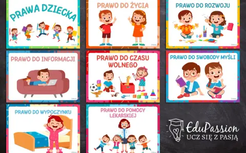 Karty pracy "Prawa dziecka" ilustrują prawa do życia, rozwoju, informacji, czasu wolnego, wypoczynku, swobody myśli i pomocy lekarskiej.
