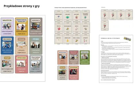 Karty pracy do gry: nauczyciel, kierowca, mechanik, piekarz, fryzjer, kasjer, opiekunka, pracownik biurowy, weterynarz, pracownik socjalny, sekretarka, rolnik, dziennikarz.
