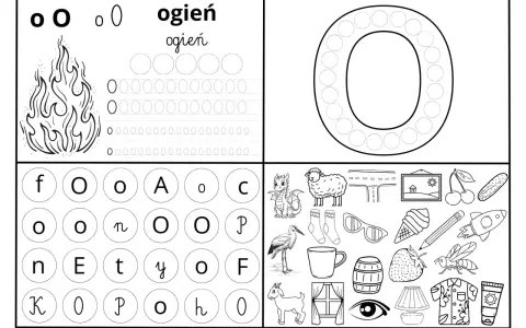 Karta pracy z literą "O" i obrazkami: ogień, smok, owca, bocian, koza, okno, oko, lampa, koszula, krem.
