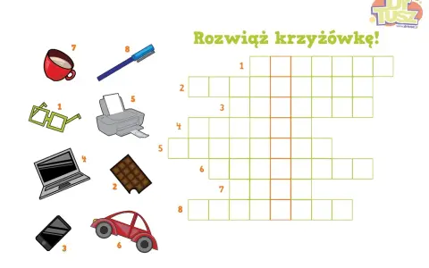 Rozwiąż krzyżówki dla dzieci online! Obrazek przedstawia przedmioty: okulary, czekoladę, telefon, laptop, drukarkę, kubek, długopis i samochód, które trzeba dopasować do pól w krzyżówce.