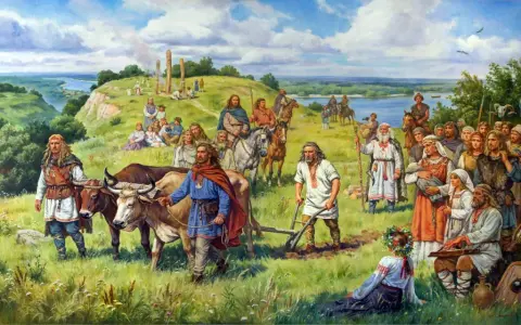 Scena z legendy o trzech braciach: ludność słowiańska w tradycyjnych strojach, orka, bydło, jeźdźcy, święte kamienie.